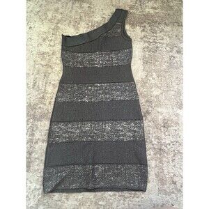 Bebe Dress Small Shoulder Bandage Bodycon Gray Silver Metallic Shimmer